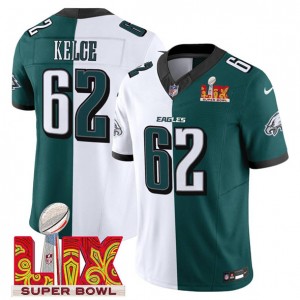Nike Eagles 62 Jason Kelce Green White Split 2025 Super Bowl LIX F.U.S.E. Vapor Limited Men Jersey