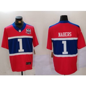 Nike Giants 1 Malik Nabers Red F.U.S.E. Vapor Limited Men Jersey with 100th Patch