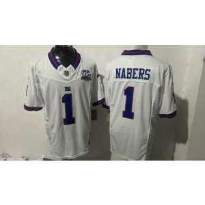 Nike Giants 1 Malik Nabers White F.U.S.E. Vapor Limited Men Jersey with 100th Patch