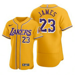 Nike Lakers 23 LeBron James Gold 2020 NBA X MLB Crossover Edition Men Jersey
