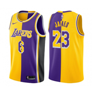 Nike Lakers 6 & 23 Lebron James Gold Purple Split Men Jersey