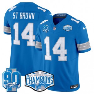 Nike Lions 14 Amon-Ra St. Brown Blue 2024 NFC North Champions 90th Anniversary Patch F.U.S.E. Vapor Limited Men Jersey