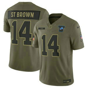 Nike Lions 14 Amon-Ra St. Brown Olive 2025 Salute to Service F.U.S.E. Vapor Limited Men Jersey