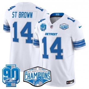Nike Lions 14 Amon-Ra St. Brown White 2024 NFC North Champions 90th Anniversary Patch F.U.S.E. Vapor Limited Men Jersey