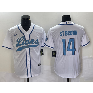 Nike Lions 14 St Brown White Blue Baseball Vapor Limited Men Jersey