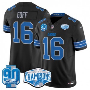 Nike Lions 16 Jared Goff Black 2024 NFC North Champions 90th Anniversary Patch F.U.S.E. Vapor Limited Men Jersey