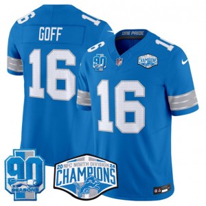 Nike Lions 16 Jared Goff Blue 2024 NFC North Champions 90th Anniversary Patch F.U.S.E. Vapor Limited Men Jersey