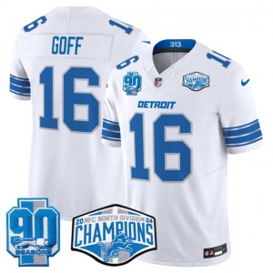 Nike Lions 16 Jared Goff White 2024 NFC North Champions 90th Anniversary Patch F.U.S.E. Vapor Limited Men Jersey