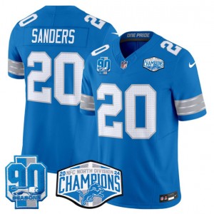 Nike Lions 20 Barry Sanders Blue 2024 NFC North Champions 90th Anniversary Patch F.U.S.E. Vapor Limited Men Jersey