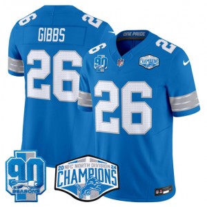 Nike Lions 26 Jahmyr Gibbs Blue 2024 NFC North Champions 90th Anniversary Patch F.U.S.E. Vapor Limited Men Jersey
