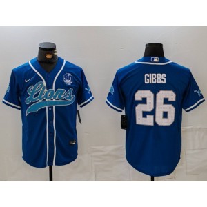 Nike Lions 26 Jahmyr Gibbs Blue Vapor Baseball Limited Men Jersey with 90th Patch