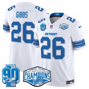 Nike Lions 26 Jahmyr Gibbs White 2024 NFC North Champions 90th Anniversary Patch F.U.S.E. Vapor Limited Men Jersey
