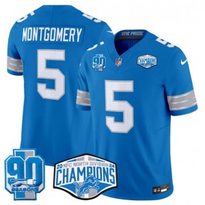 Nike Lions 5 David Montgomery Blue 2024 NFC North Champions 90th Anniversary Patch F.U.S.E. Vapor Limited Men Jersey