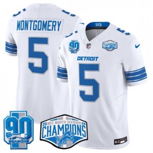 Nike Lions 5 David Montgomery White 2024 NFC North Champions 90th Anniversary Patch F.U.S.E. Vapor Limited Men Jersey
