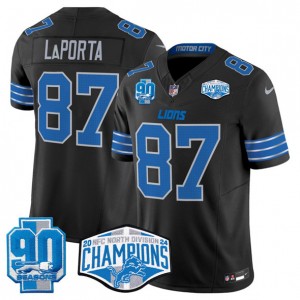 Nike Lions 87 Sam LaPorta Black 2024 NFC North Champions 90th Anniversary Patch F.U.S.E. Vapor Limited Men Jersey