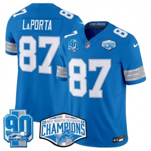 Nike Lions 87 Sam LaPorta Blue 2024 NFC North Champions 90th Anniversary Patch F.U.S.E. Vapor Limited Men Jersey