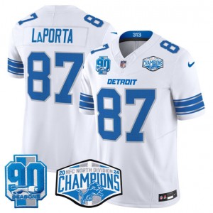 Nike Lions 87 Sam LaPorta White 2024 NFC North Champions 90th Anniversary Patch F.U.S.E. Vapor Limited Men Jersey