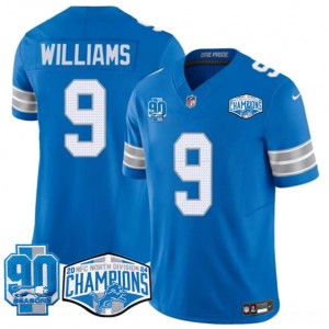 Nike Lions 9 Jameson Williams Blue 2024 NFC North Champions 90th Anniversary Patch F.U.S.E. Vapor Limited Men Jersey