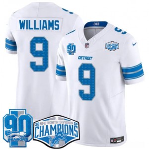 Nike Lions 9 Jameson Williams White 2024 NFC North Champions 90th Anniversary Patch F.U.S.E. Vapor Limited Men Jersey