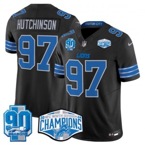 Nike Lions 97 Aidan Hutchinson Black 2024 NFC North Champions 90th Anniversary Patch F.U.S.E. Vapor Limited Men Jersey
