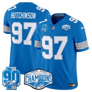 Nike Lions 97 Aidan Hutchinson Blue 2024 NFC North Champions 90th Anniversary Patch F.U.S.E. Vapor Limited Men Jersey