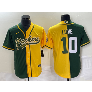 Nike Packers 10 Jordan Love Green Yellow Split Baseball Vapor Limited Men Jersey
