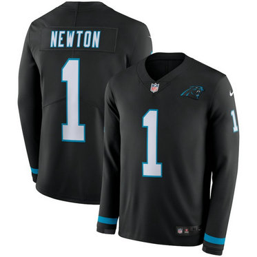 Nike Panthers #1 Cam Newton Black Therma Long Sleeve Jersey