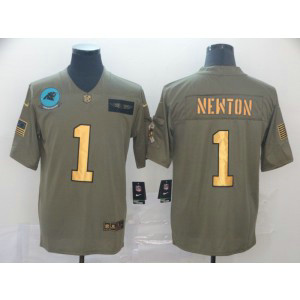 Nike Panthers 1 Cam Newton 2019 Gold Olive Salute To Service Limited Men Jersey