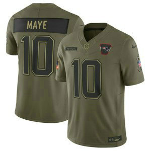 Nike Patriots 10 Drake Maye Olive 2025 Salute to Service F.U.S.E. Vapor Limited Men Jersey