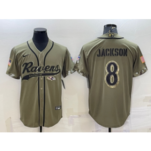 Nike Ravens 8 Lamar Jackson Olive 2022 Salute To Service Baseball Logo Limited Men Jersey