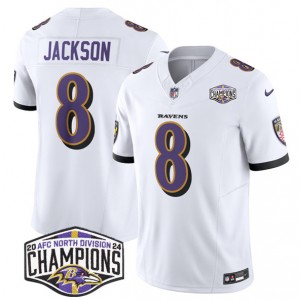 Nike Ravens 8 Lamar Jackson White 2024 AFC North Division Champions F.U.S.E. Vapor Limited Men Jersey