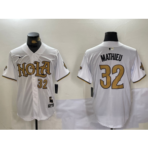 Nike Saints 32 Tyrann Mathieu White Gold Vapor Nola Baseball Logo Limited Men Jersey