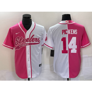 Nike Steelers 14 George Pickens White Pink Split Baseball Vapor Limited Men Jersey