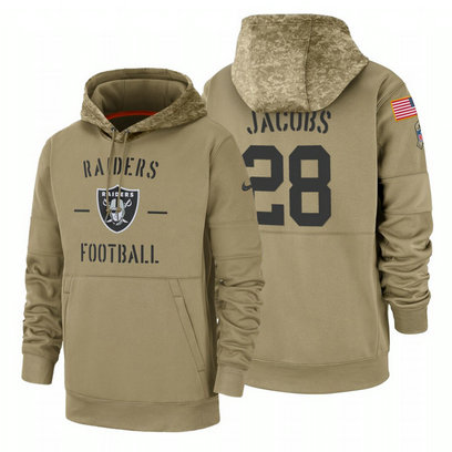 Oakland Raiders #28 Josh Jacobs Nike Tan 2019 Salute To Service Name & Number Sideline Therma Pullover Hoodie