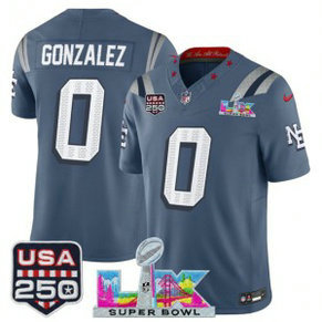 Patriots 0 Christian Gonzalez Blue Rivalries F.U.S.E. Vapor Limited Men Jersey with 2026 Super Bowl LX & USA 250 Patches