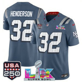 Patriots 32 TreVeyon Henderson Blue Rivalries F.U.S.E. Vapor Limited Men Jersey with 2026 Super Bowl LX & USA 250 Patches