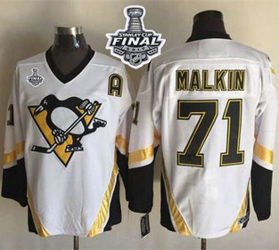 Penguins #71 Evgeni Malkin White CCM Throwback 2017 Stanley Cup Final Patch Stitched NHL Jersey