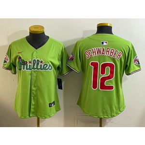 Philadelphia Phillies 12 Schwarber Green Cool Base Women Jersey