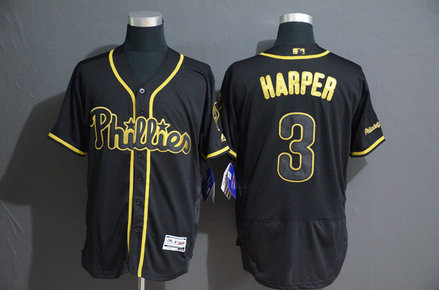 Phillies 3 Bryce Harper Black Gold Flexbase Jersey