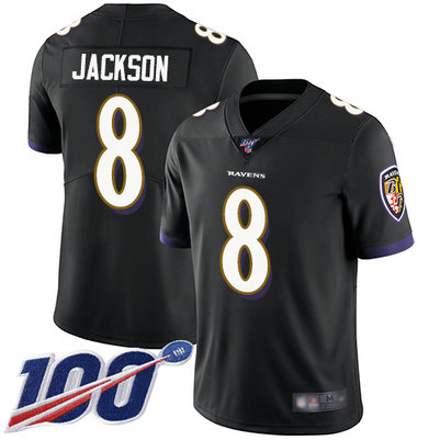 Ravens #8 Lamar Jackson Black Alternate Men's Stitched Football 100th Season Vapor Limited Jersey