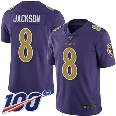 Ravens #8 Lamar Jackson Purple Men's Stitched Football Limited Rush 100th Season Jersey