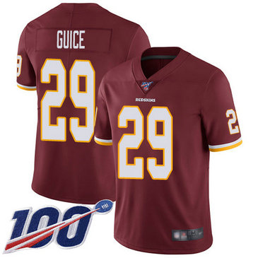 Redskins #29 Derrius Guice Burgundy Red Team Color Men's Stitched Football 100th Season Vapor Limited Jersey