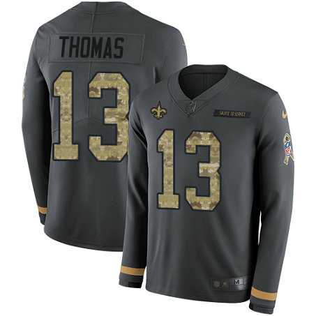 Saints #13 Michael Thomas Anthracite Salute to Service Men's Stitched Football Limited Therma Long Sleeve Jersey