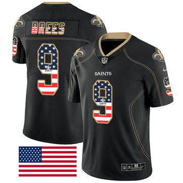 Saints #9 Drew Brees Black Men's Stitched Football Limited Rush USA Flag Jersey