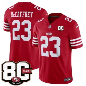 San Francisco 49ers 23 Christian McCaffrey Red 2026 F.U.S.E. Vapor Limited Men Jersey with 80th Anniversary Patch