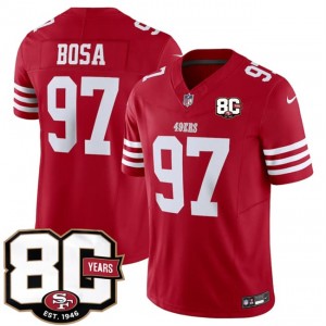 San Francisco 49ers 97 Nick Bosa Red 2026 F.U.S.E. Vapor Limited Men Jersey with 80th Anniversary Patch