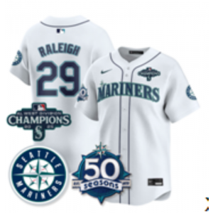 Seattle Mariners 29 Raleigh White Champion & 50th Patch Cool Base Men Jersey