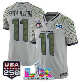 Seattle Seahawks 11 Jaxon Smith-Njigba Gray Rivalries F.U.S.E. Vapor Limited Men Jersey with 2026 Super Bowl LX & 50th & USA 250 Patches