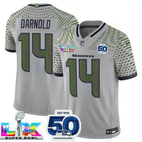 Seattle Seahawks 14 Sam Darnold Gray 2026 Super Bowl LX & 50th Patches Rivalries F.U.S.E. Vapor Limited Men Jersey