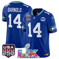 Seattle Seahawks 14 Sam Darnold Royal F.U.S.E. Vapor Limited Men Jersey with 2026 Super Bowl LX & 50th & USA 250 Patches